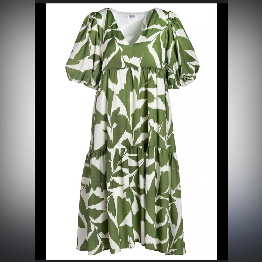 CROSBY by Mollie Burch Brawley Everglades Green and White Puff Sleeve Midi dress